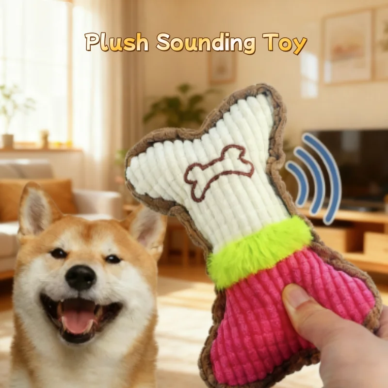 Teeth Cleaning Dog Chew Bone - 1 Stück Plüsch-Hundespielzeug mit Quietschfunktion, Knochenform,